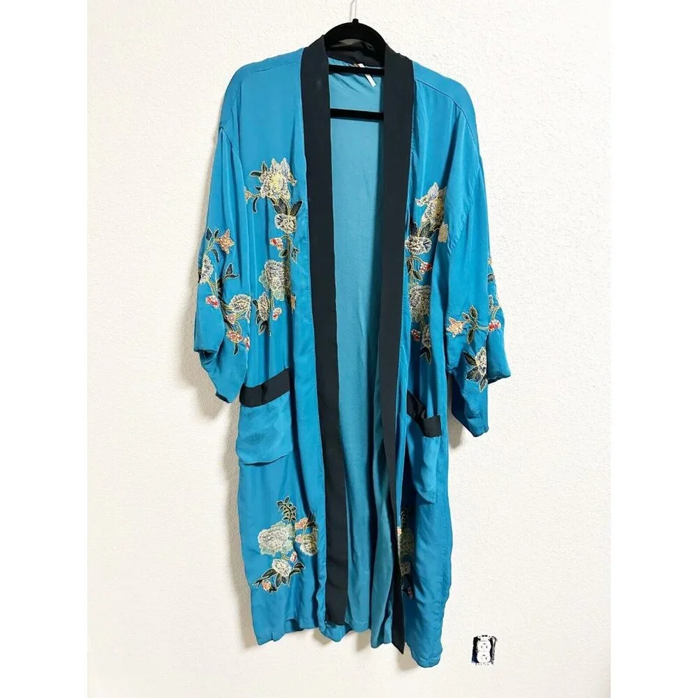 Free People Floral Embroidered Kimono Open Front Long‎ Sleeve Turquoise Small - Picture 3 of 7